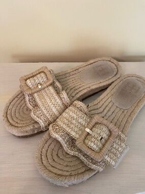 Haute Hippie Natural Raffia Buckle Slide Sandals